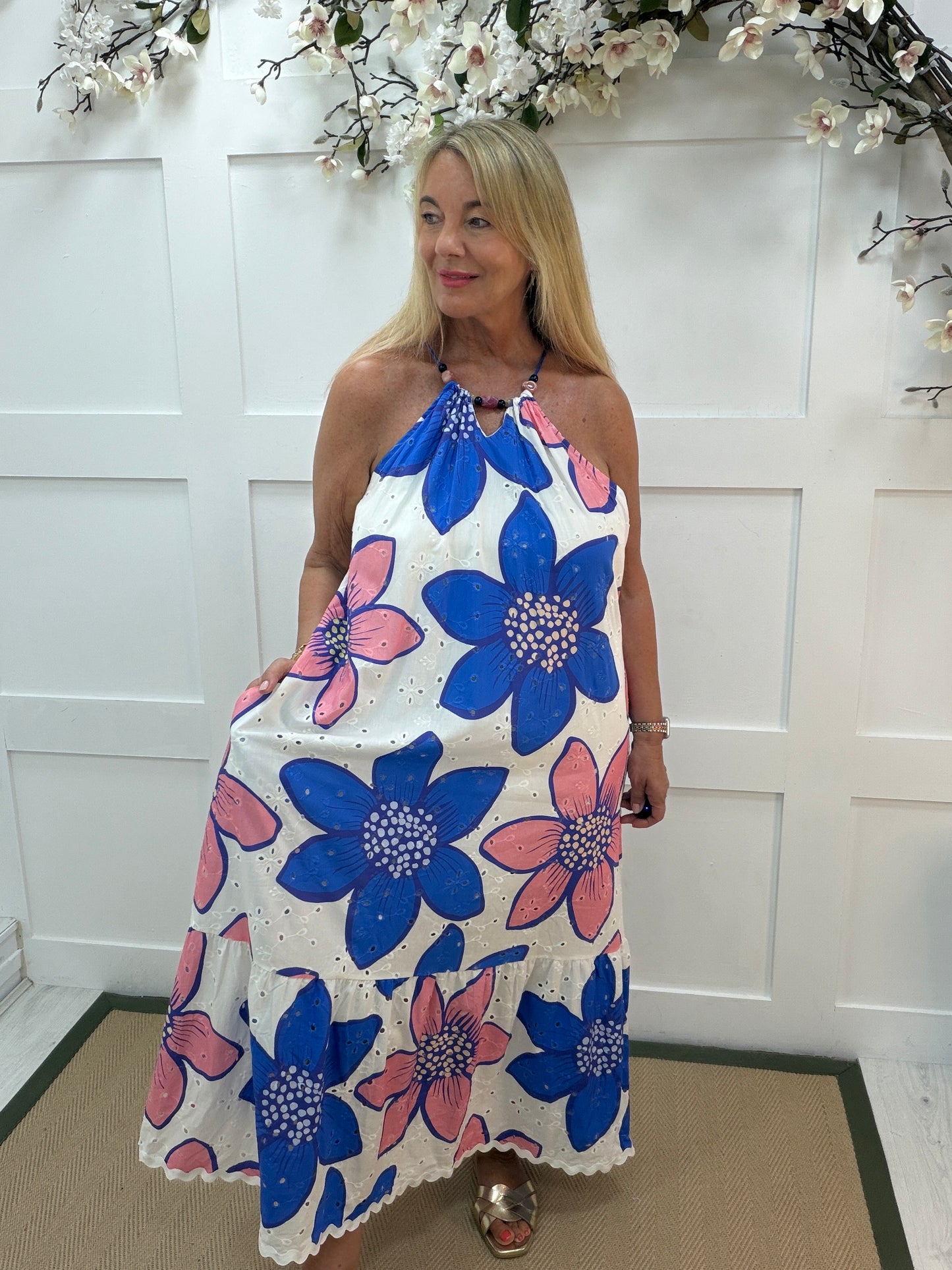 Gracie: Beaded halter neck floral printed maxi dress. One size: 16-20. 2 colours