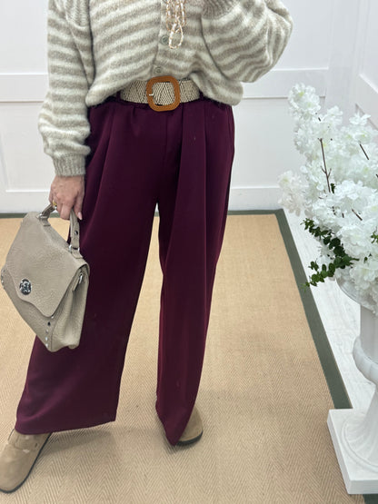 Ellis: Burgundy stretchy wide leg belted trousers One Size: 14-20