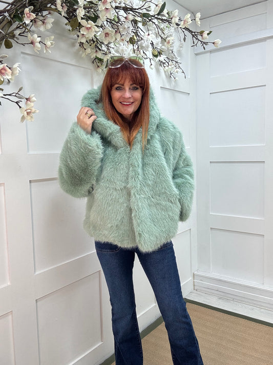 Foxy: Mint green short faux fur hooded jacket. One size 12-16