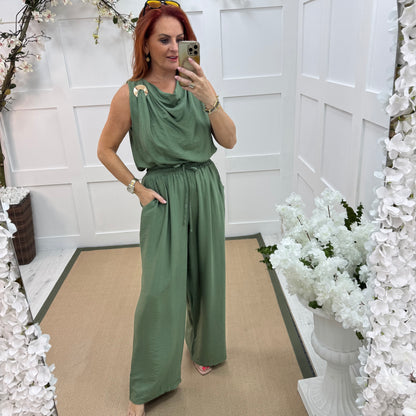 Melissa: Green cowl neck top & trouser co-ord set. One size: 12-18