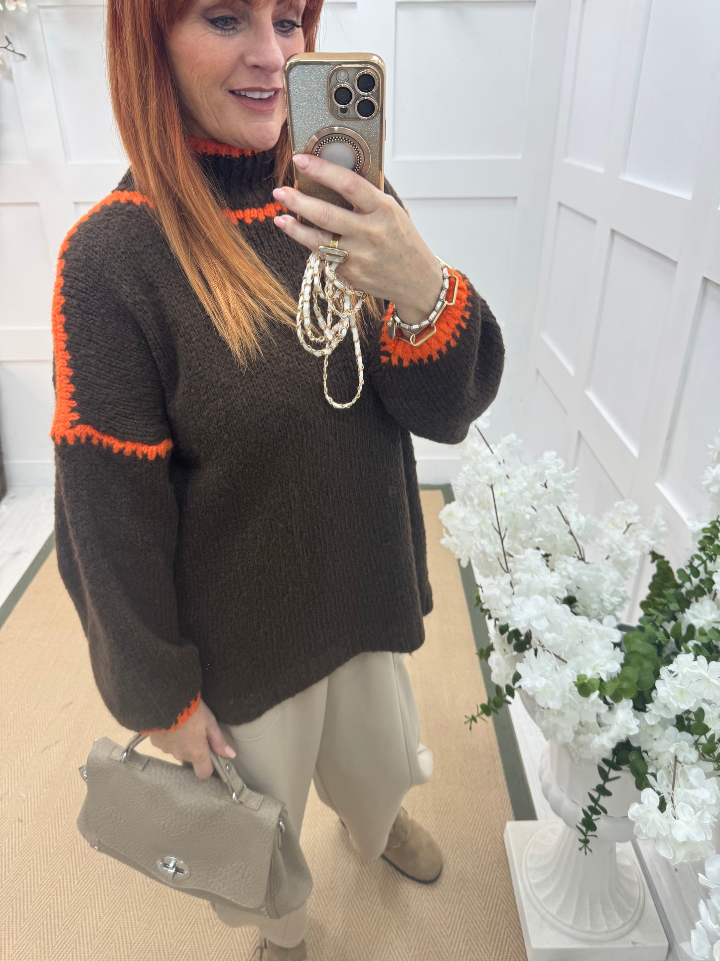 Sonia: Brown & orange slouchy jumper. One size 14-18