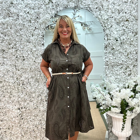 Corrine: Brown Broderie Anglaise midi dress. One size: 12-18