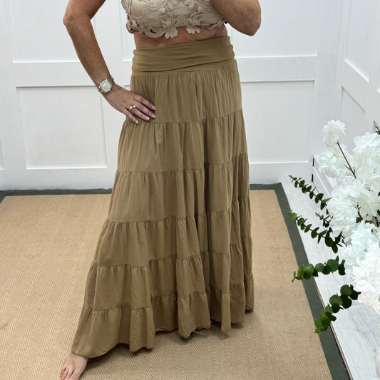 Pearl: Sand cotton tiered maxi skirt dress. One size: 10-16