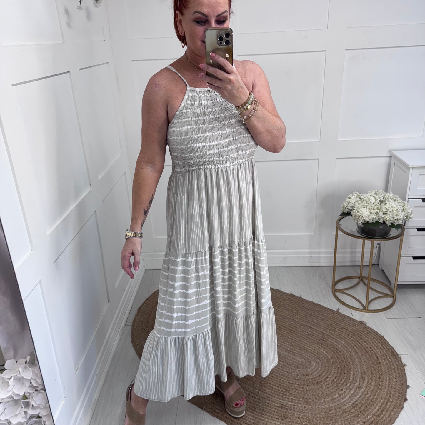 Serena: Stone strappy striped midi dress. One size: 10-14
