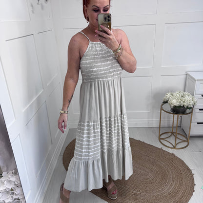 Serena: Stone strappy striped midi dress. One size: 10-14