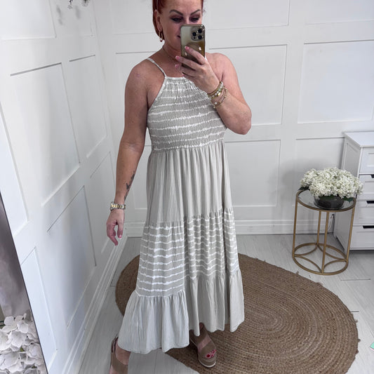 Serena: Stone strappy striped midi dress. One size: 10-14
