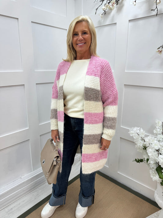 Marta: Pink, mocha and cream stripe soft knit cardigan. One size 10-18