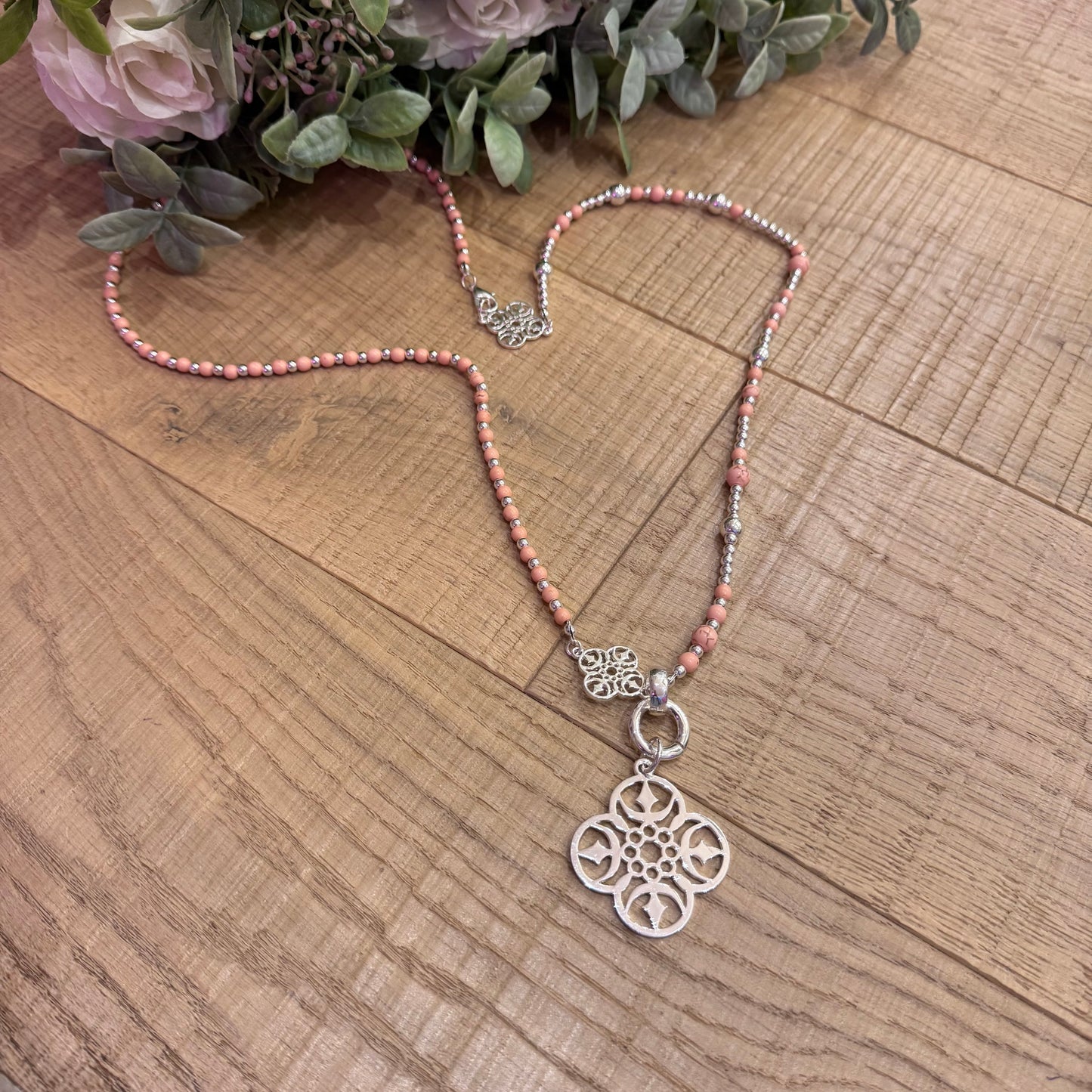 Sara: Long silver & peach pendant necklace