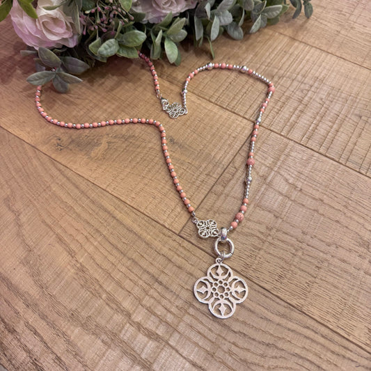 Sara: Long silver & peach pendant necklace
