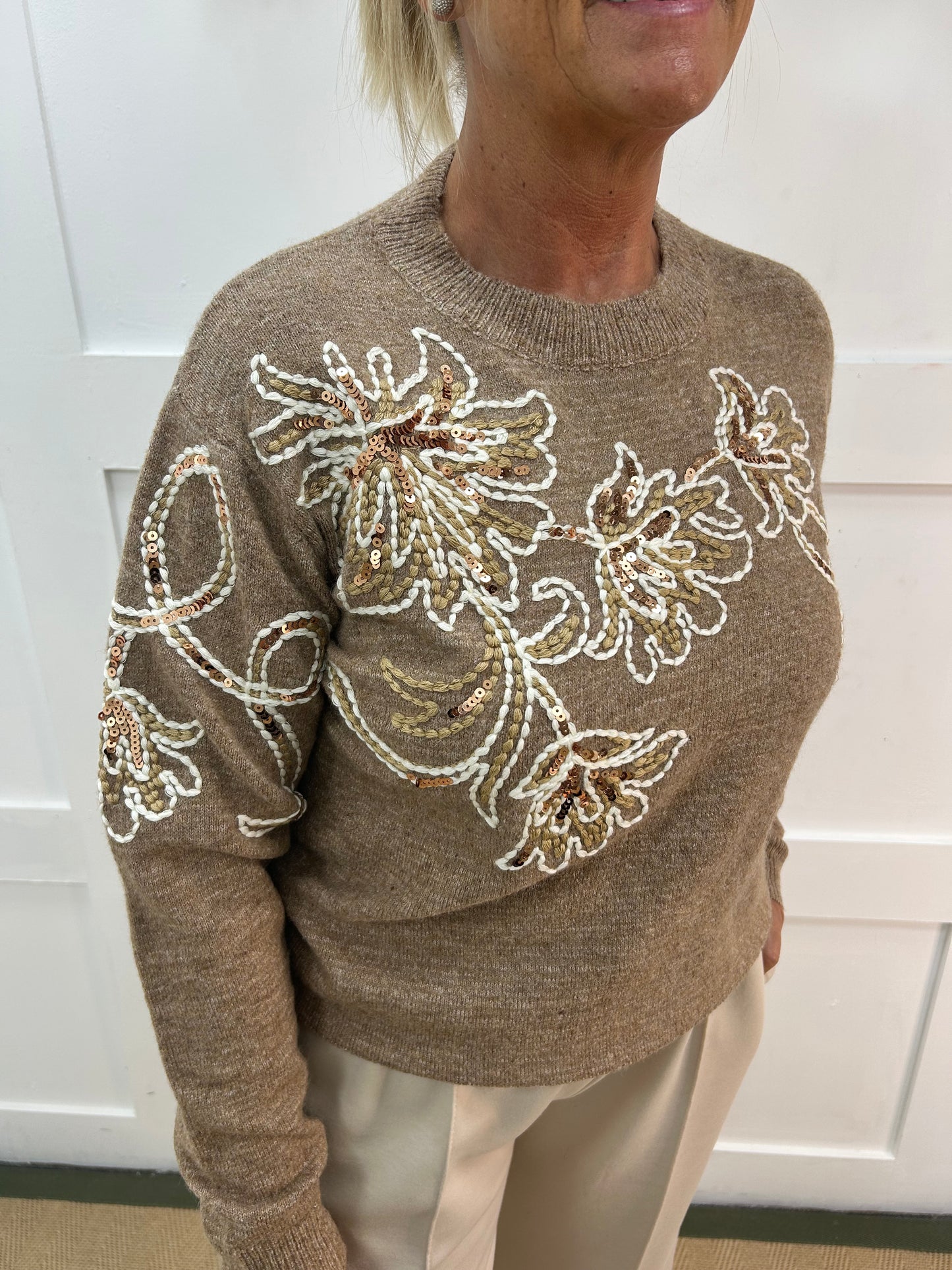 Honey: Sand sequin floral knit top. One size: 10-16