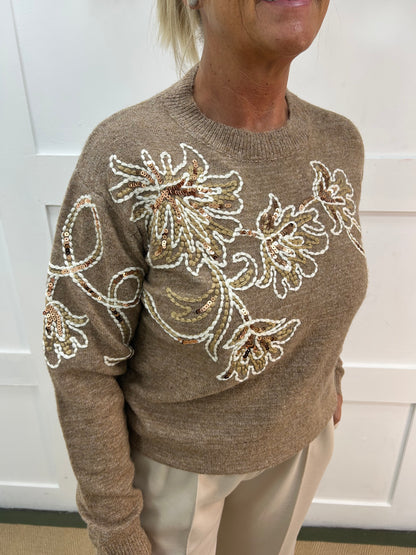 Honey: Sand sequin floral knit top. One size: 10-16