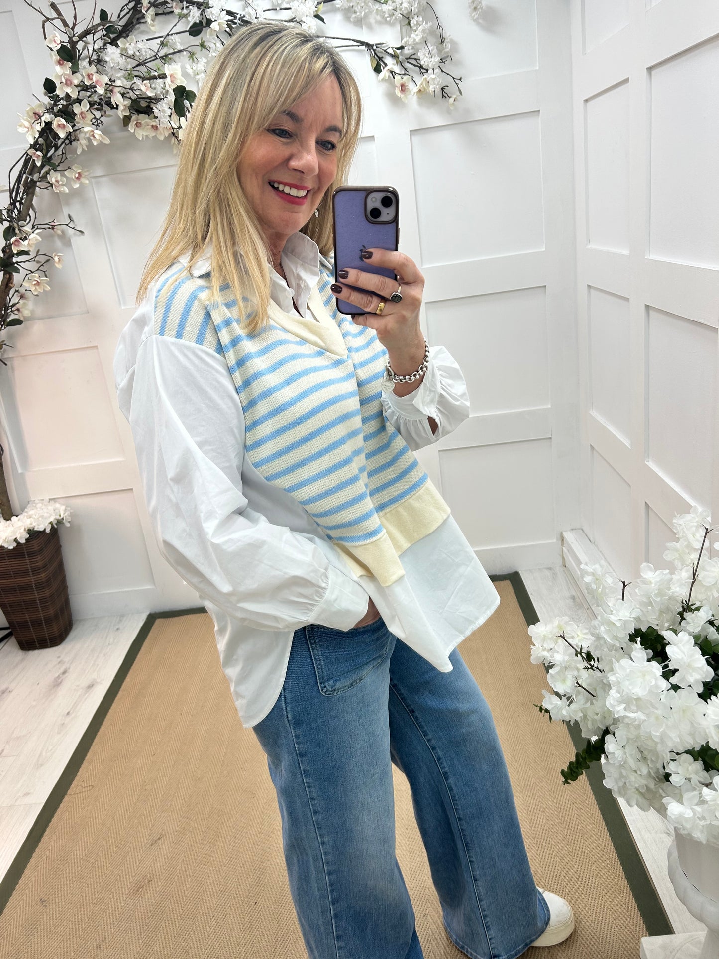 Miranda: Blue stripe tank top shirt. One Size: 14-18