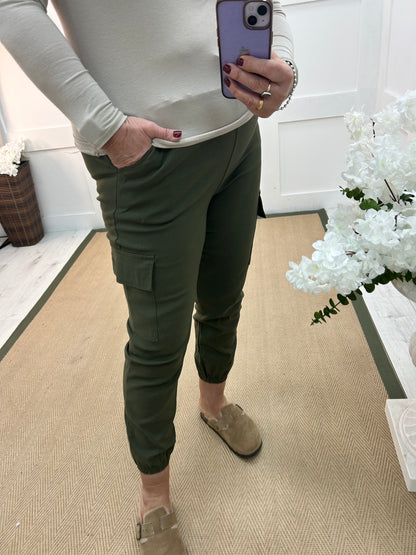 Charley: Khaki cargo jogger trousers. Two sizes.