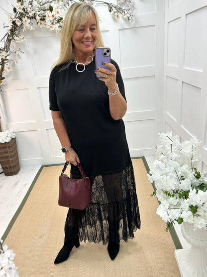 Celeste: Black lace maxi dress. One size: 14-18