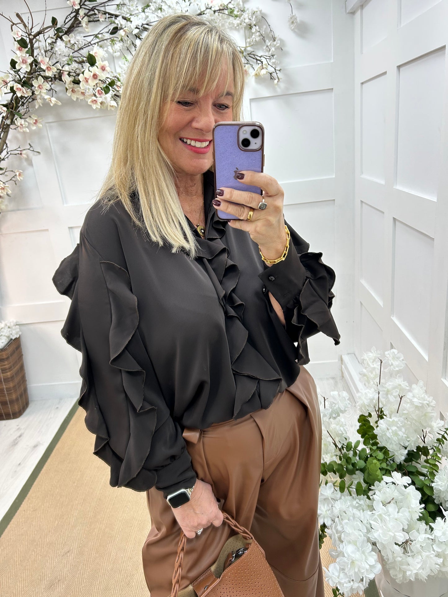 Riley: Brown ruffle blouse. One size 14-20