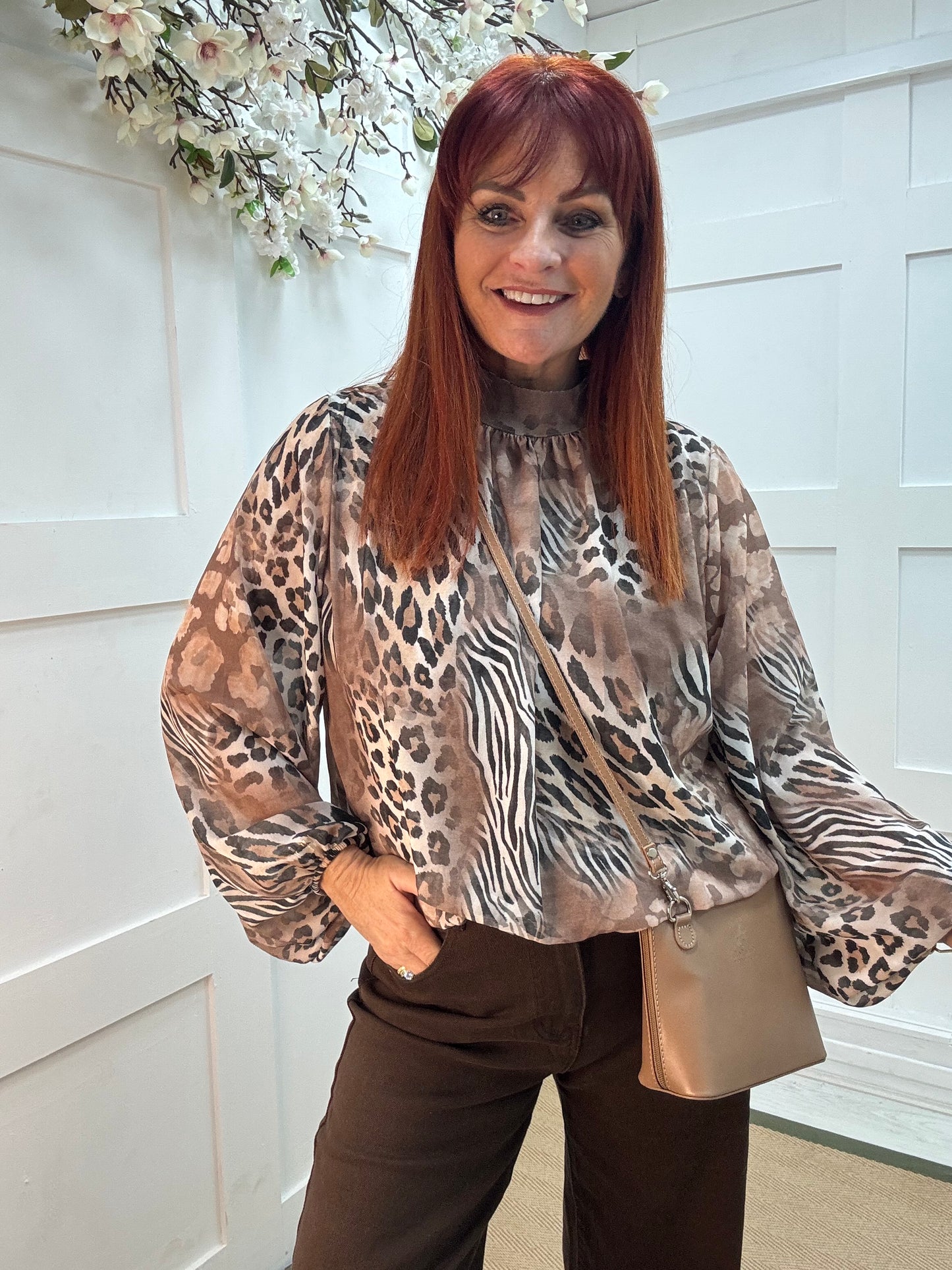 Lydia: Camel mixed animal print blouse. One size: 10-16