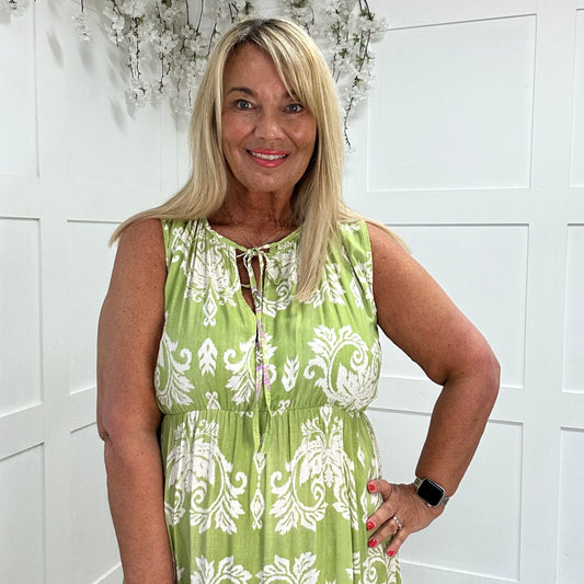 Danni: Lime & cream V neck maxi dress. One size: 12-18