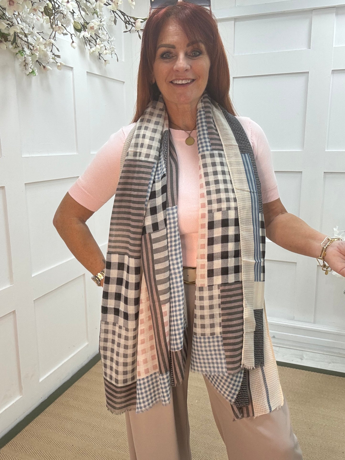 Sara: Blue, pink  & black check scarf