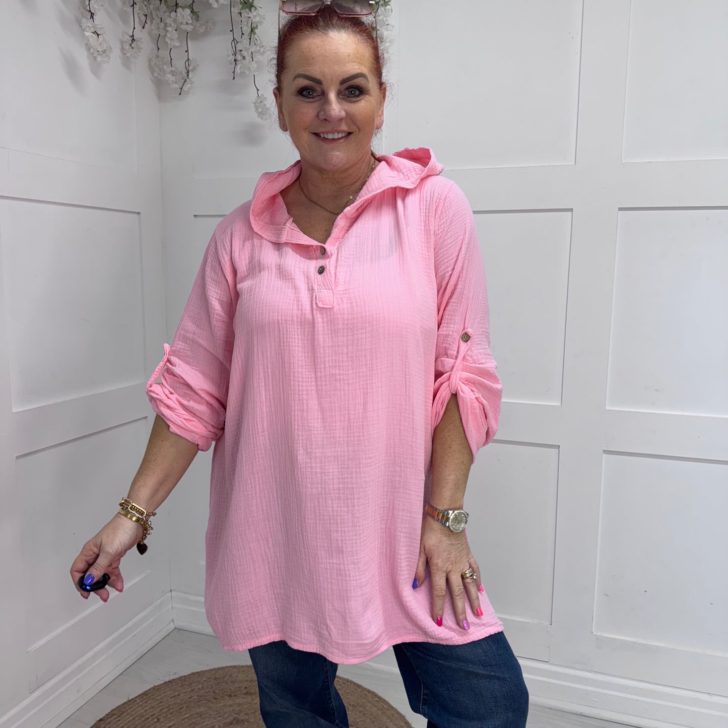 Adriana: Pink longline cheesecloth hooded top. One Sz: 14-22