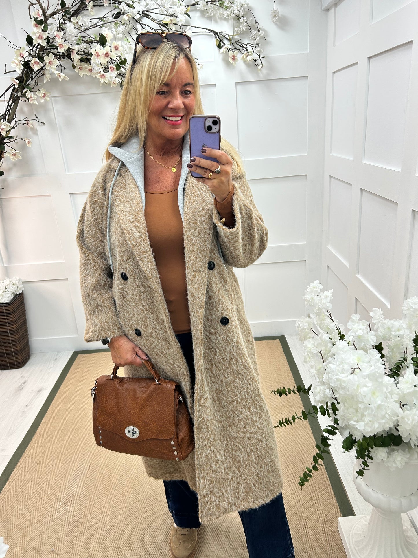 Amara: Camel boiled wool coat with hood. One size 12-18