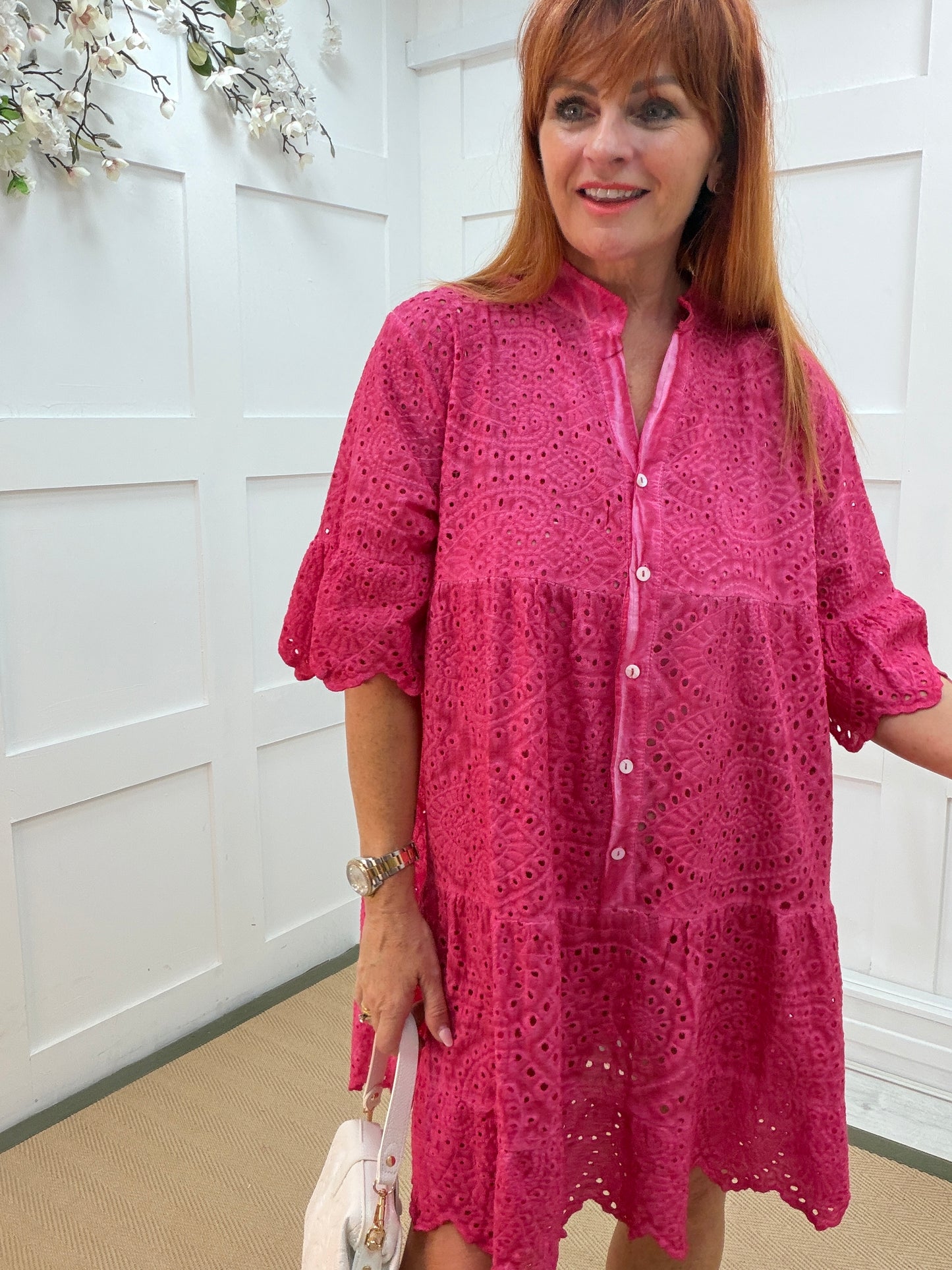 Loretta: Broderie Anglaise smock tunic dress. One size: 12-20. 3 colours