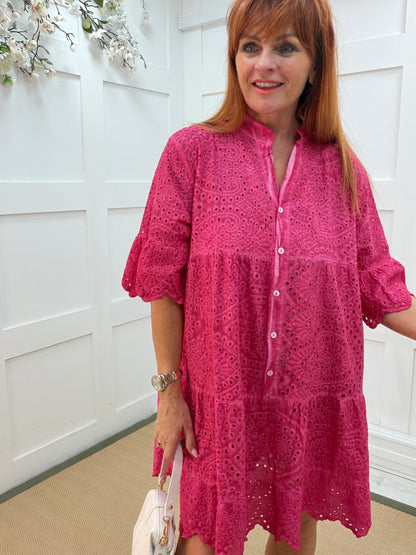 Loretta: Broderie Anglaise smock tunic dress. One size: 12-20. 3 colours