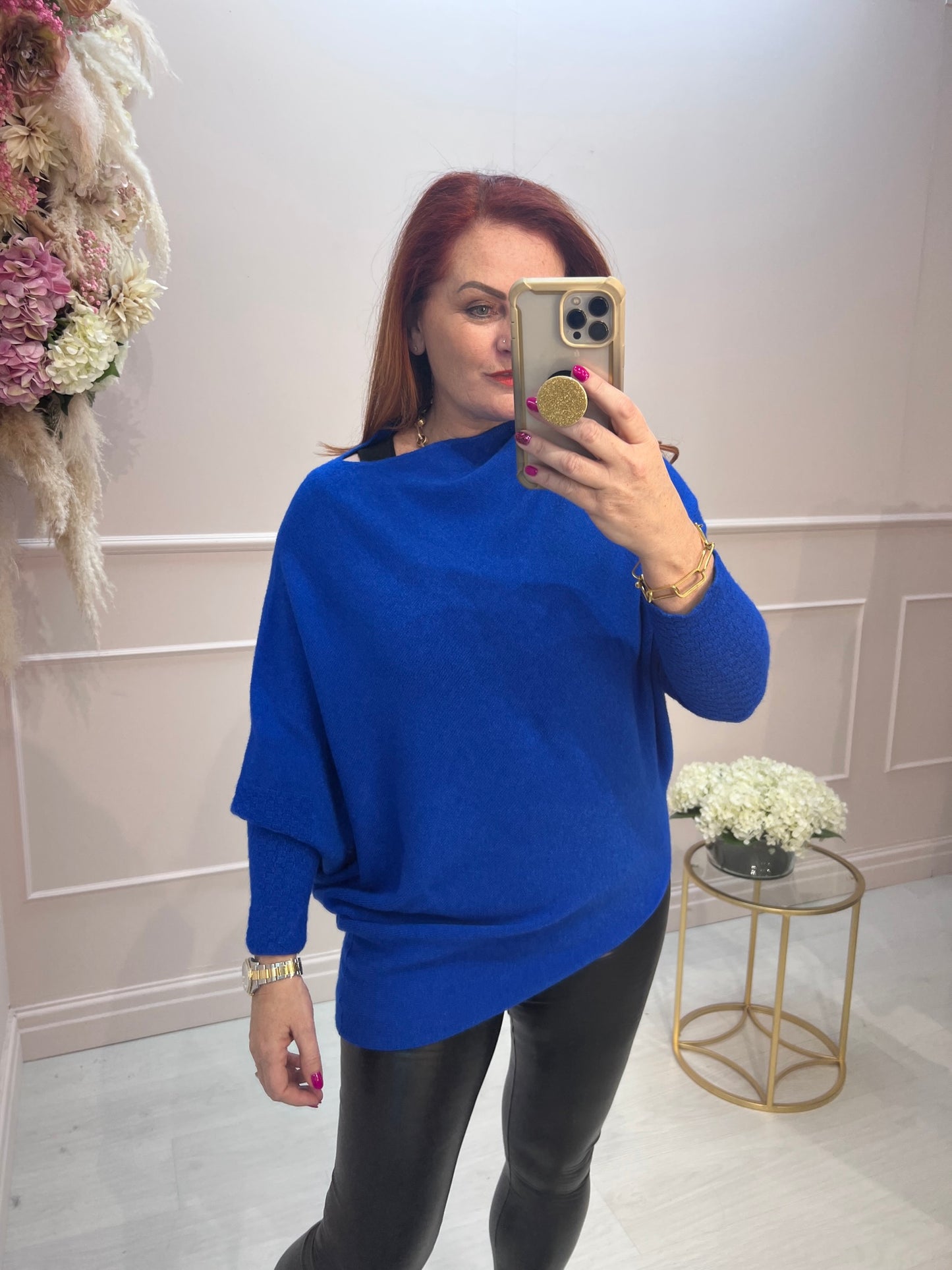 Erika: Asymmetrical slouch soft knit top. One size 10-18