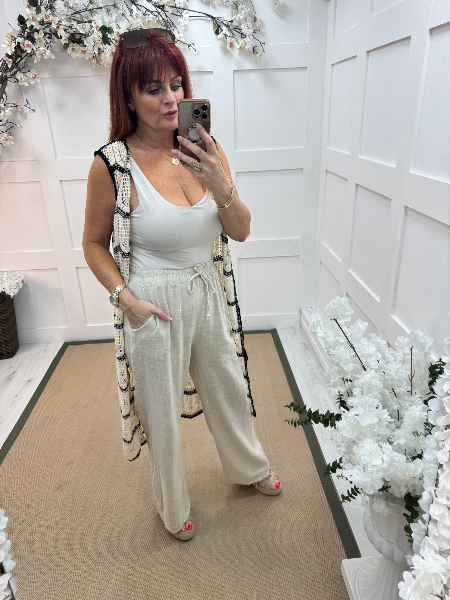 Tori: Cream cotton wide leg trousers. One size: 8-16