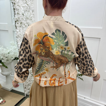 Boo: Silky tropical & leopard print bomber jacket. One size: 10-18