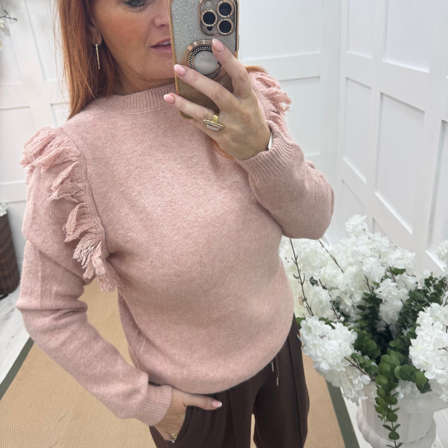 Carmel: Pink fringe knitted top. One size: 10-16