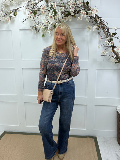 Martha: Multicoloured paisley print sheer mesh top. 10-18