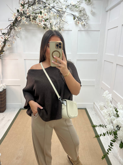 Trinity: Mocha stretchy barrel leg pocket trousers. One size: 10-14