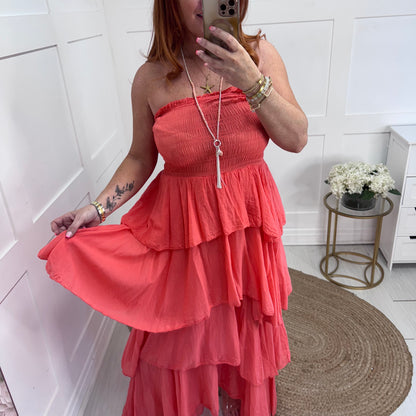 Kellie: Coral boobtube cotton rara dress. One size: 10-18