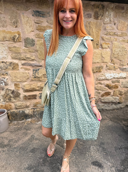 Fern: Spotty shirred short dress. One size 10-16. 4 colours