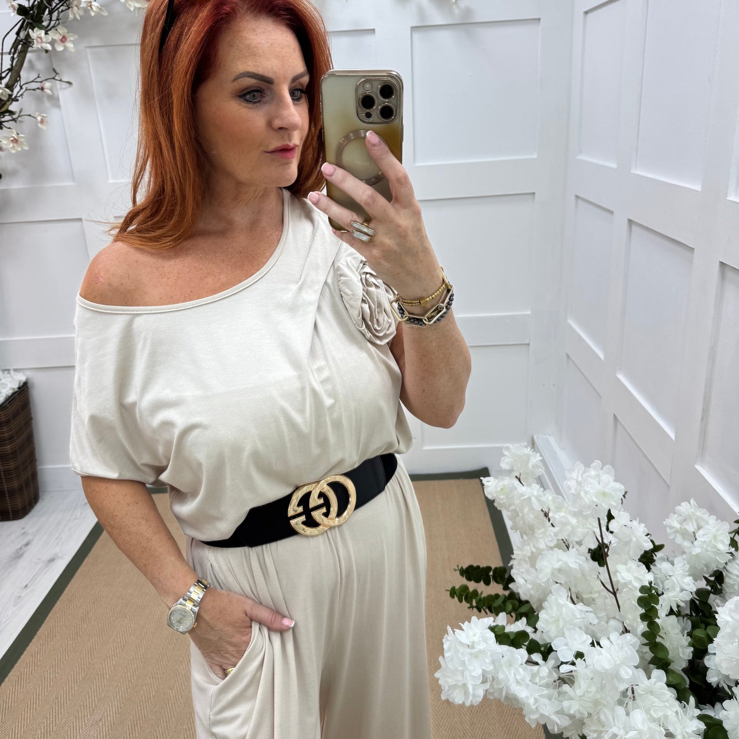 Rhianna: Cream jersey draped wide leg jumpsuit. One size: 10-16