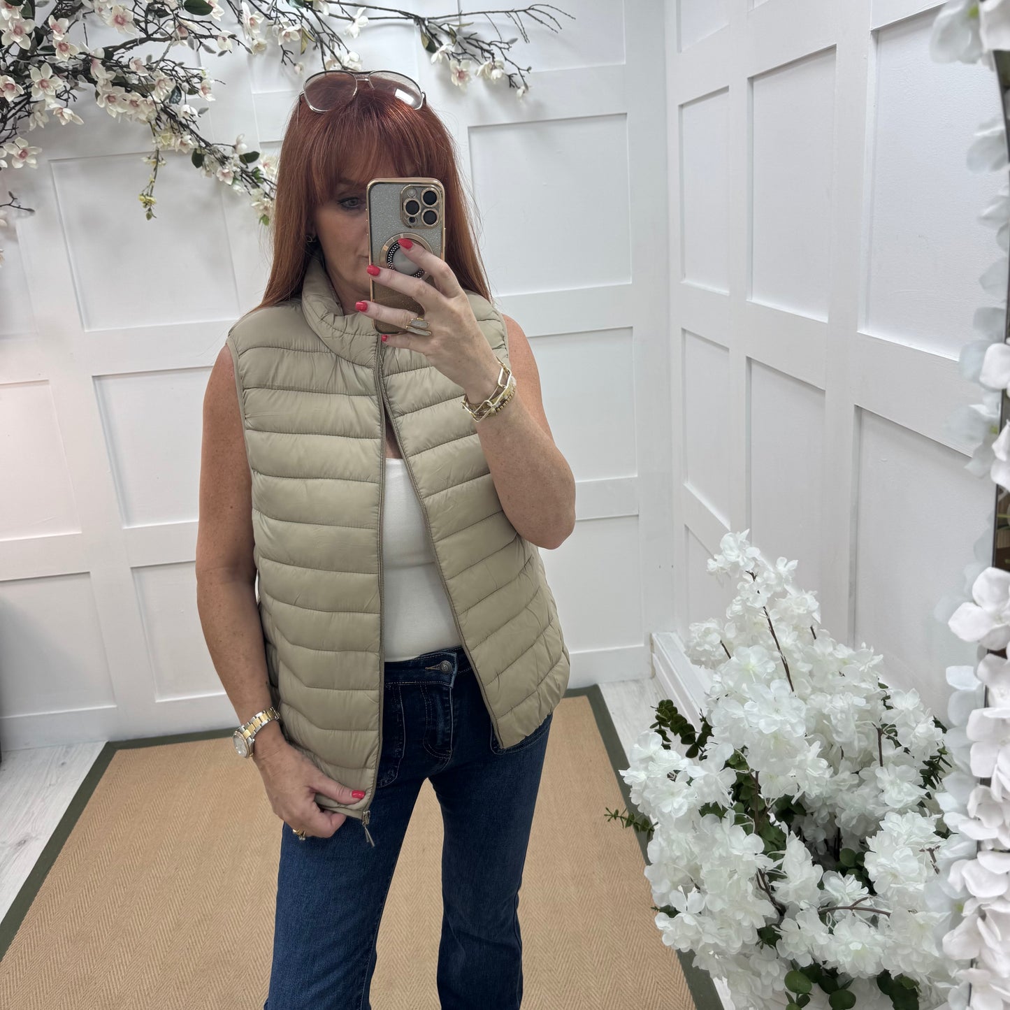 Izzy: Beige short padded gilet. 3 sizes