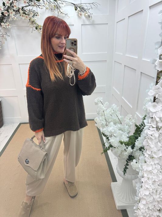 Sonia: Brown & orange slouchy jumper. One size 14-18
