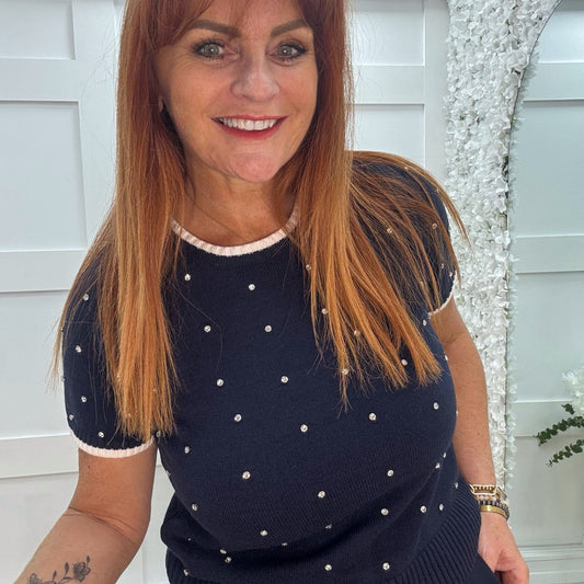 Noelle: Navy stretchy knit rhinestone top. 2 sizes
