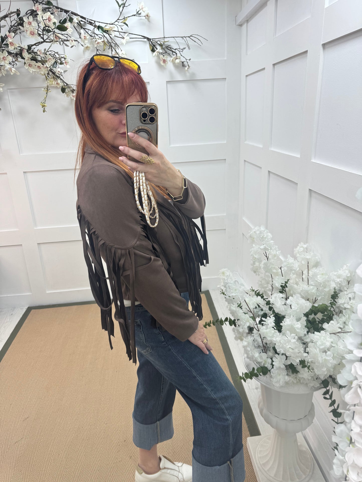 Heidi: Brown short suede fringe jacket. One size: 8-14