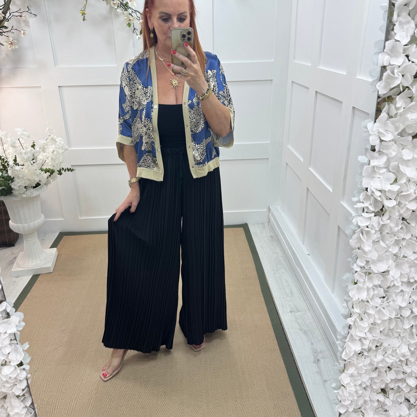 Payton: Black pleated wide leg trousers. One size: 12-22/24