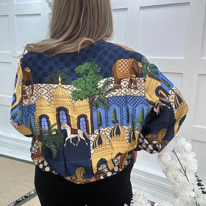 Indigo: Silky Indian inspired print bomber jacket. One size: 12-20