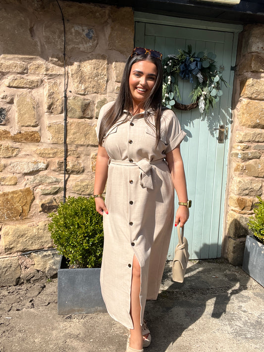 Della: Beige collared utility shirt dress. 2 sizes.