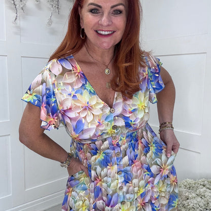 Emmy: Multicoloured stretchy V neck midi dress. One size: 10-20
