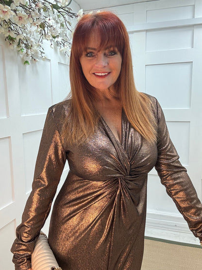 Maya: Bronze metallic twist front bodycon dress. Sizes: 8-14