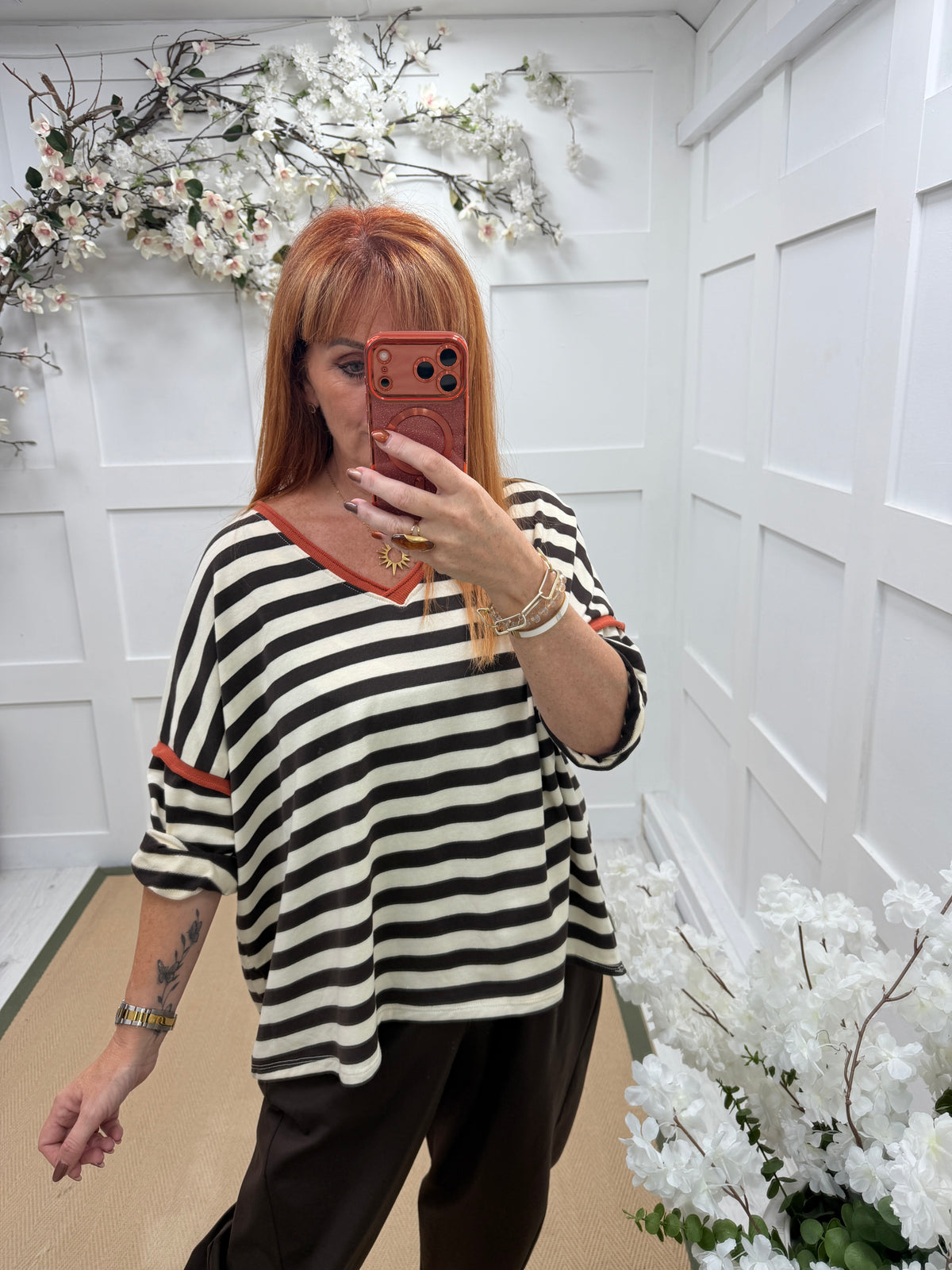 Eloise: 3/4 sleeve stripe V neck top. One size: 12-18. 4 colours