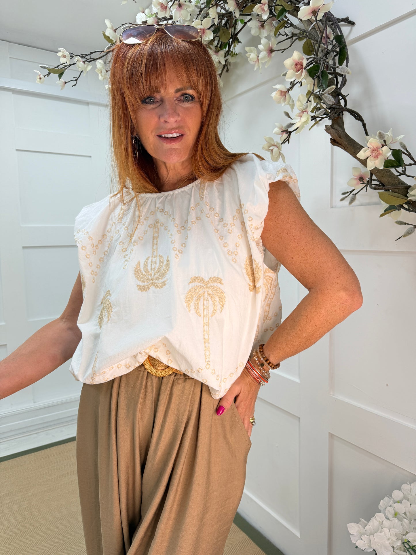 Palma: Palm tree print embroidered top. One Sz: 10- 16. 3 colours