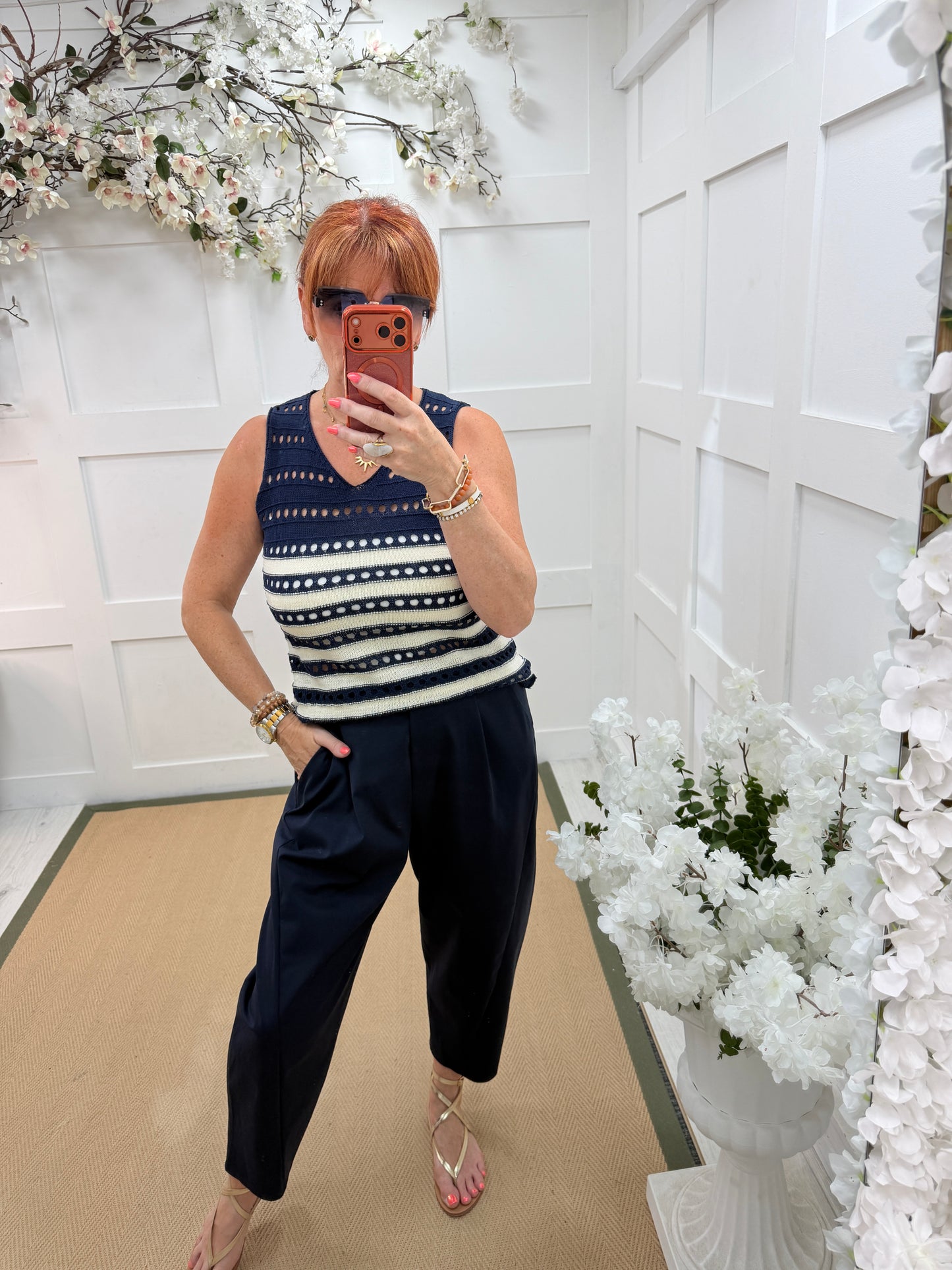 Harlow: Sleeveless stripe holey top. One Sz: 10-16. 4 colours