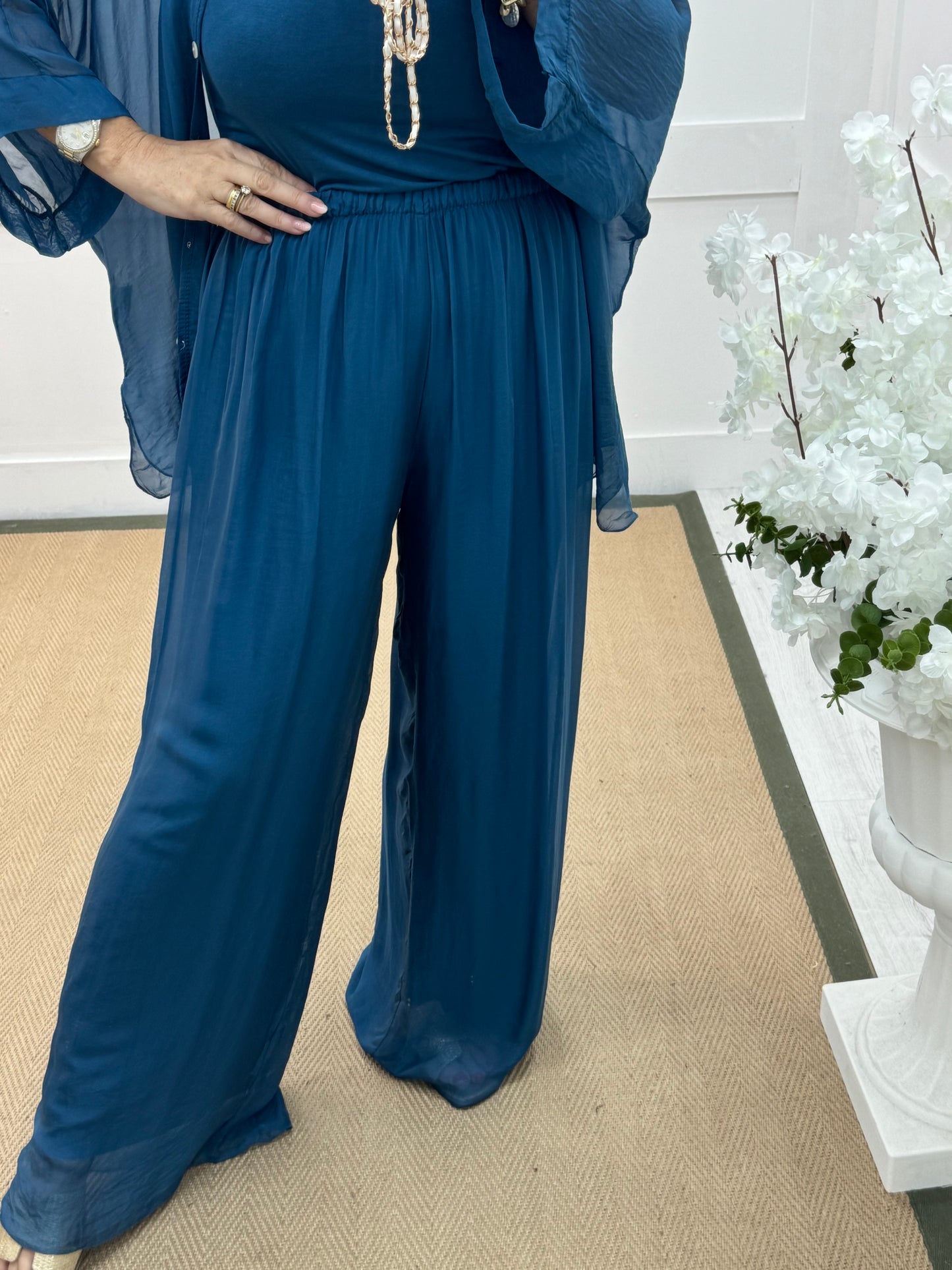 Venice: Teal silk wide leg trousers. One size: 12-20