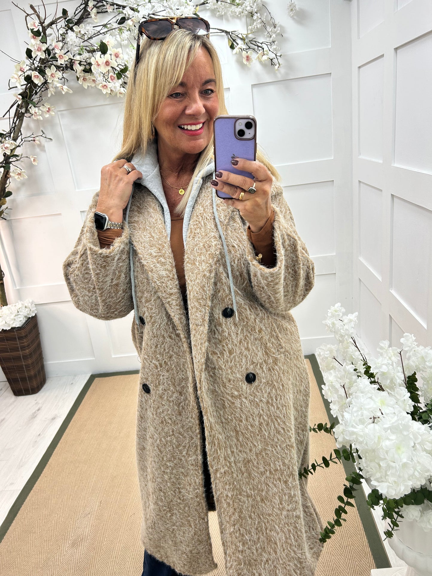 Amara: Camel boiled wool coat with hood. One size 12-18