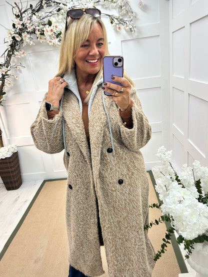 Amara: Camel boiled wool coat with hood. One size 12-18